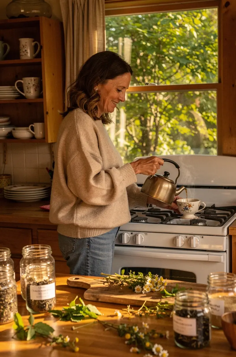 Stilingai sutvarkyta virtuvės erdvė su arbatos paruošimo priemonėmis ir natūraliais augalais.