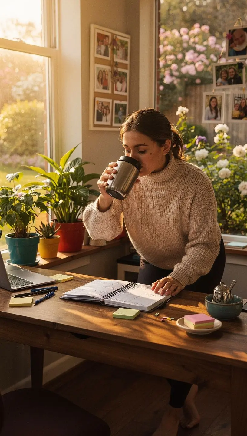 Rankos laikantis arbatos puodelį prie lango, pro kurį matyti saulėlydis.